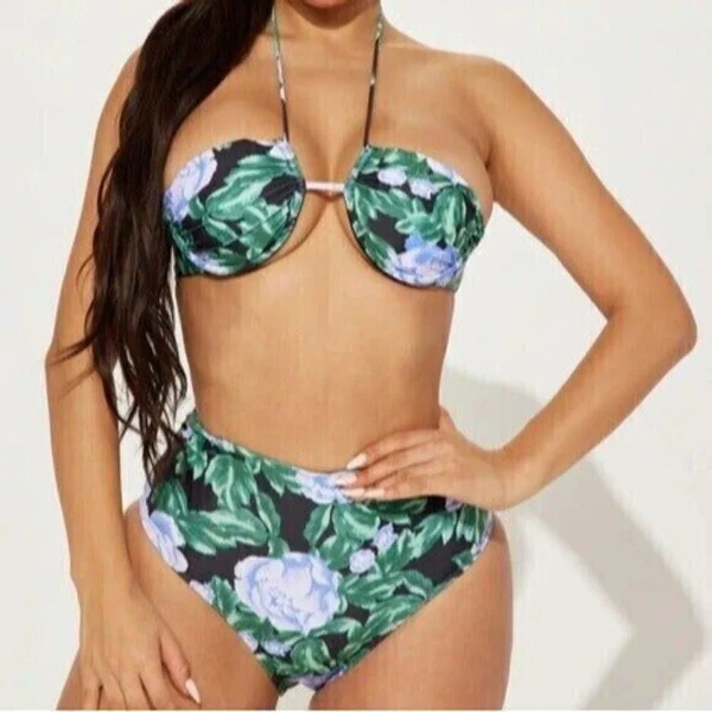 Tropical Floral‎ Halter Neck Bandeau Bikini set Size Small RefN01